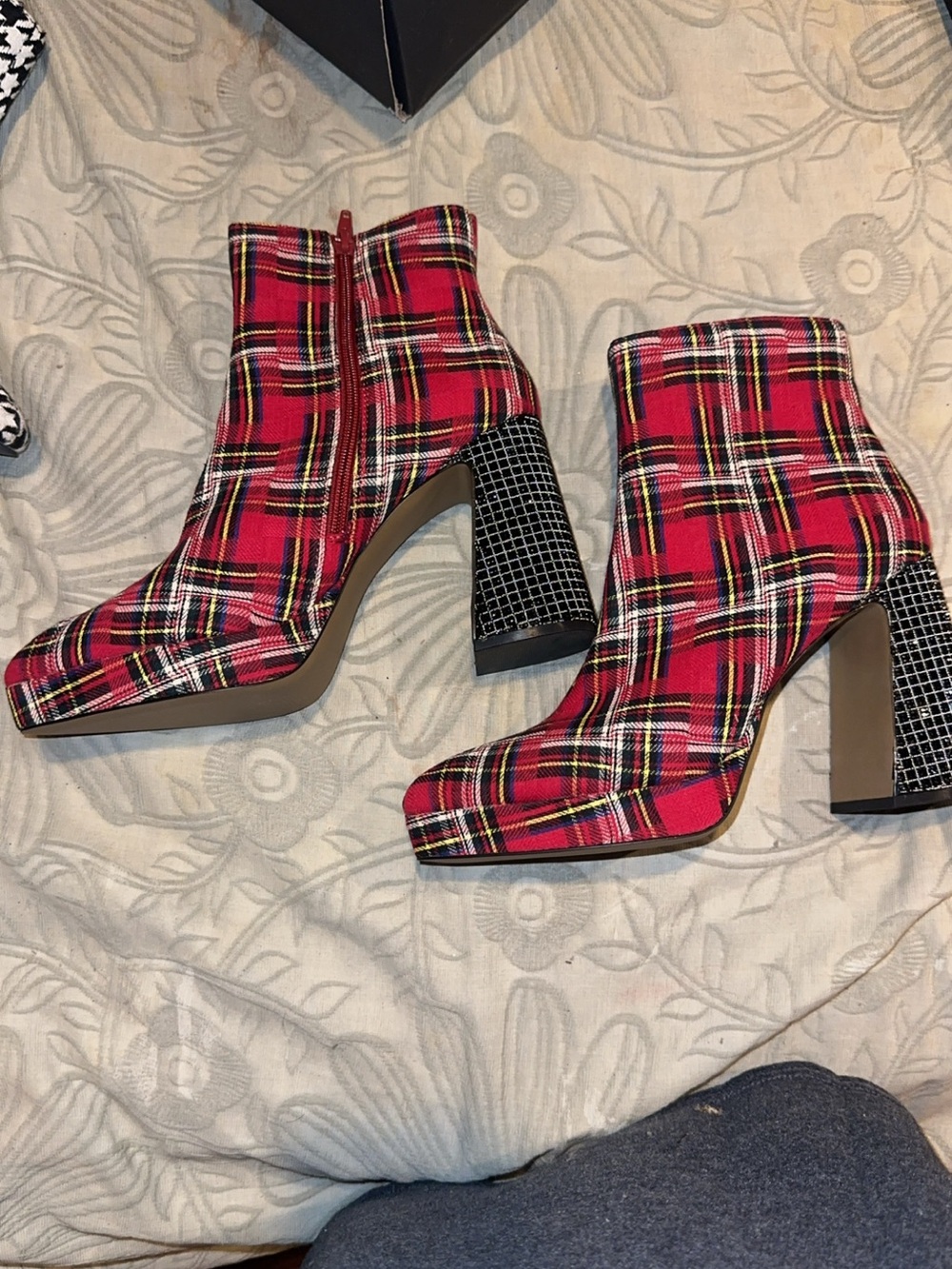 Betsey Johnson Raylan Plaid Red Ankle Boots with Patterned Block Heel